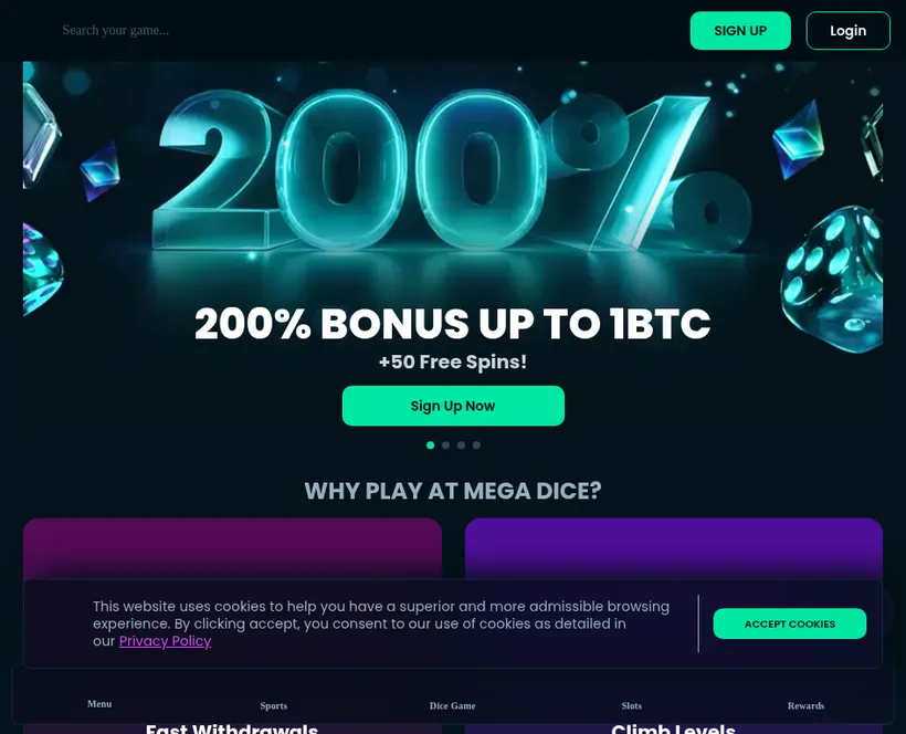 Mega Dice crypto casino homepage