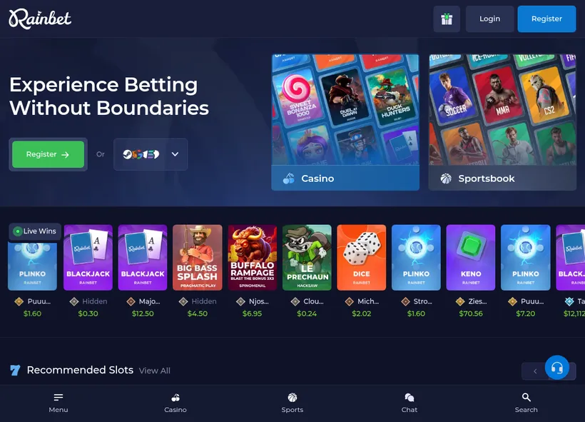 Rainbet crypto casino homepage