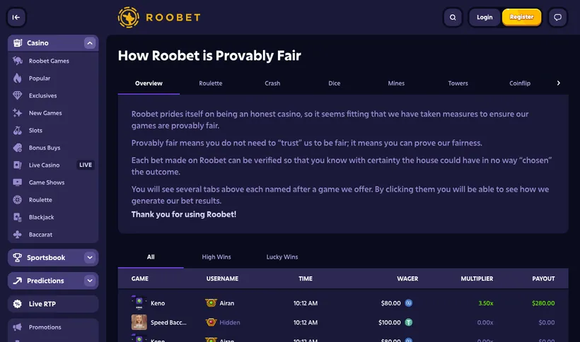 Roobet provably fair verification screen