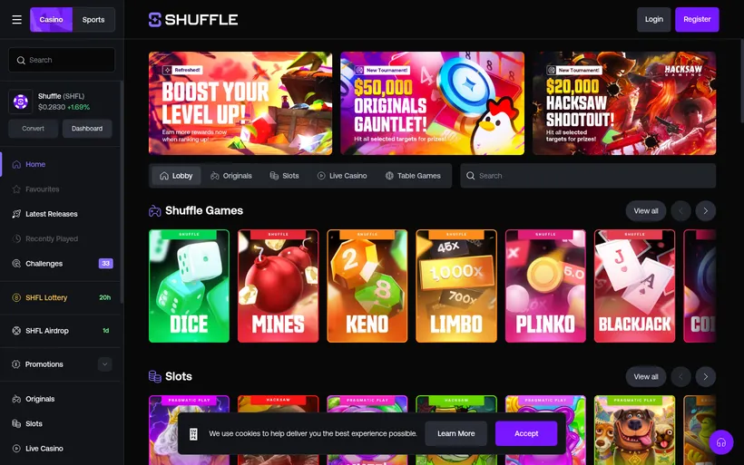Shuffle crypto casino homepage